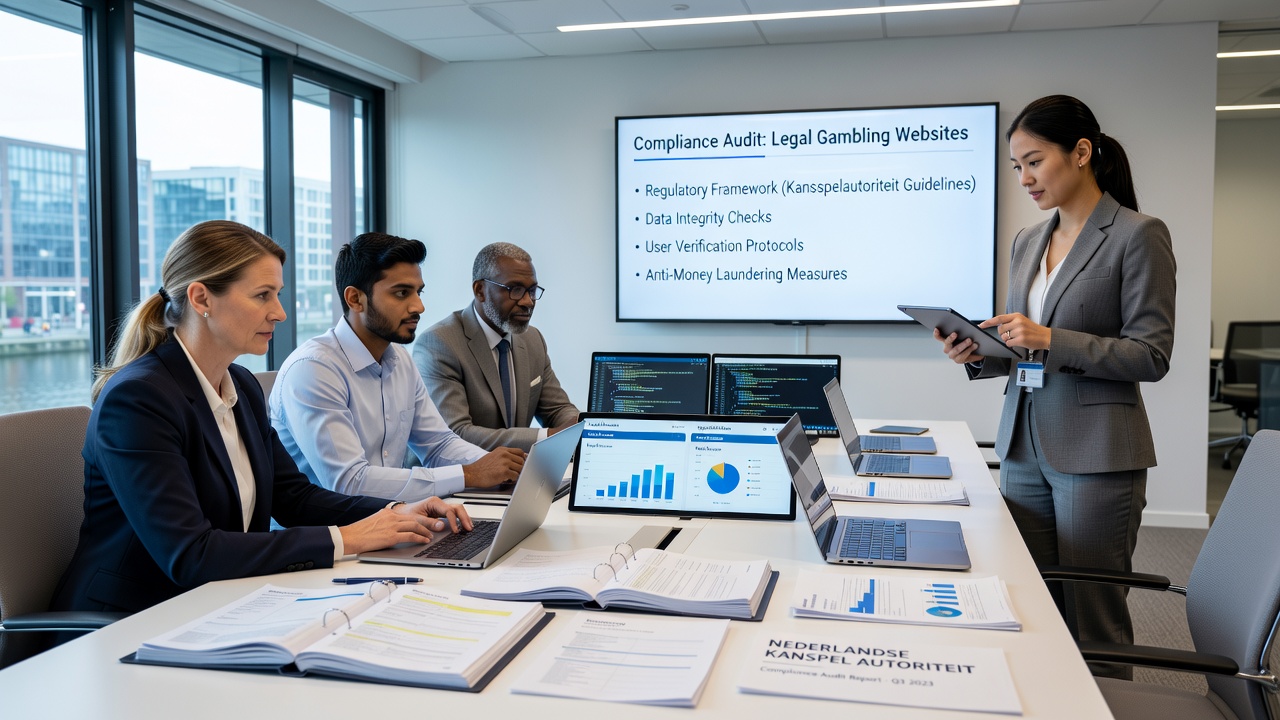 Auditors die financiële records en transactiegegevens analyseren tijdens een nalevingscontrole voor een legale Nederlandse goks site