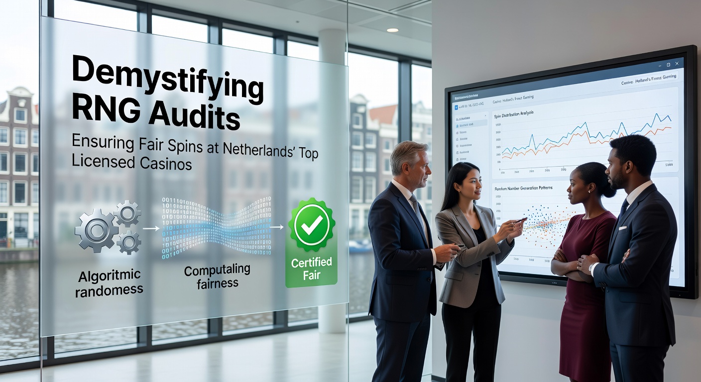 Grafische weergave van een RNG-auditproces met slotmachines en certificeringslogo's in een Nederlands casino-omgeving