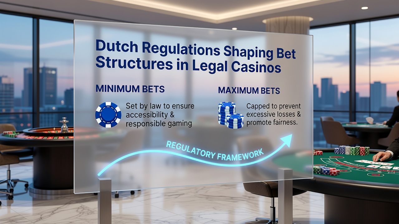 Illustratie van Nederlandse casino regelgeving met inzetlimieten en kansspelautoriteit documenten