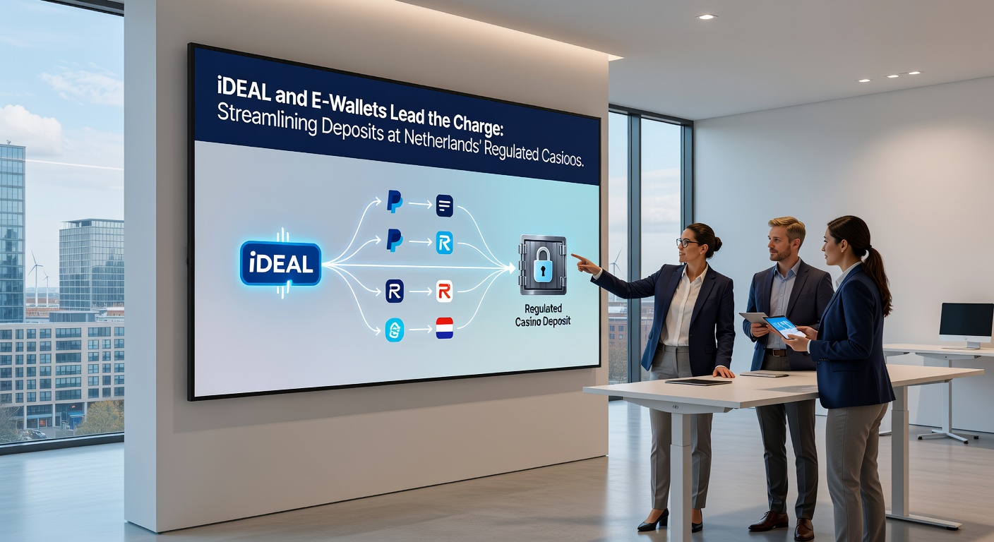 Schermafbeelding van een mobiele casino-app met iDEAL-betaaloptie en e-wallet keuzes, illustrerend directe depositoprocessen