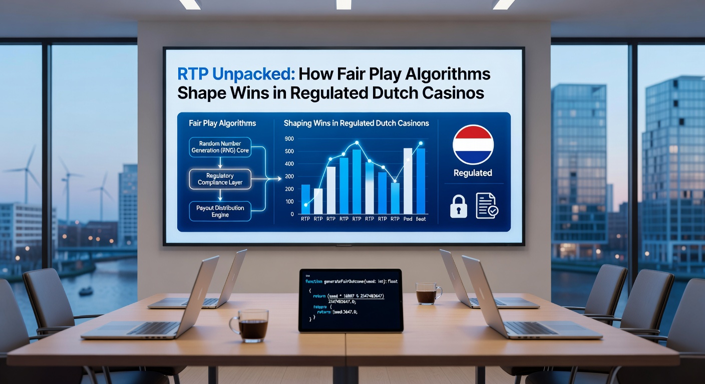 Visuele weergave van een RNG-algoritme in actie, met grafieken van uitbetalingscurves en certificeringslogo's voor Nederlandse casino's